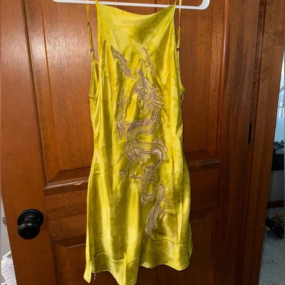 Urban Outfitters Lime Green Satin Mini Dress with Beaded Dragon - Picture 2 of 6